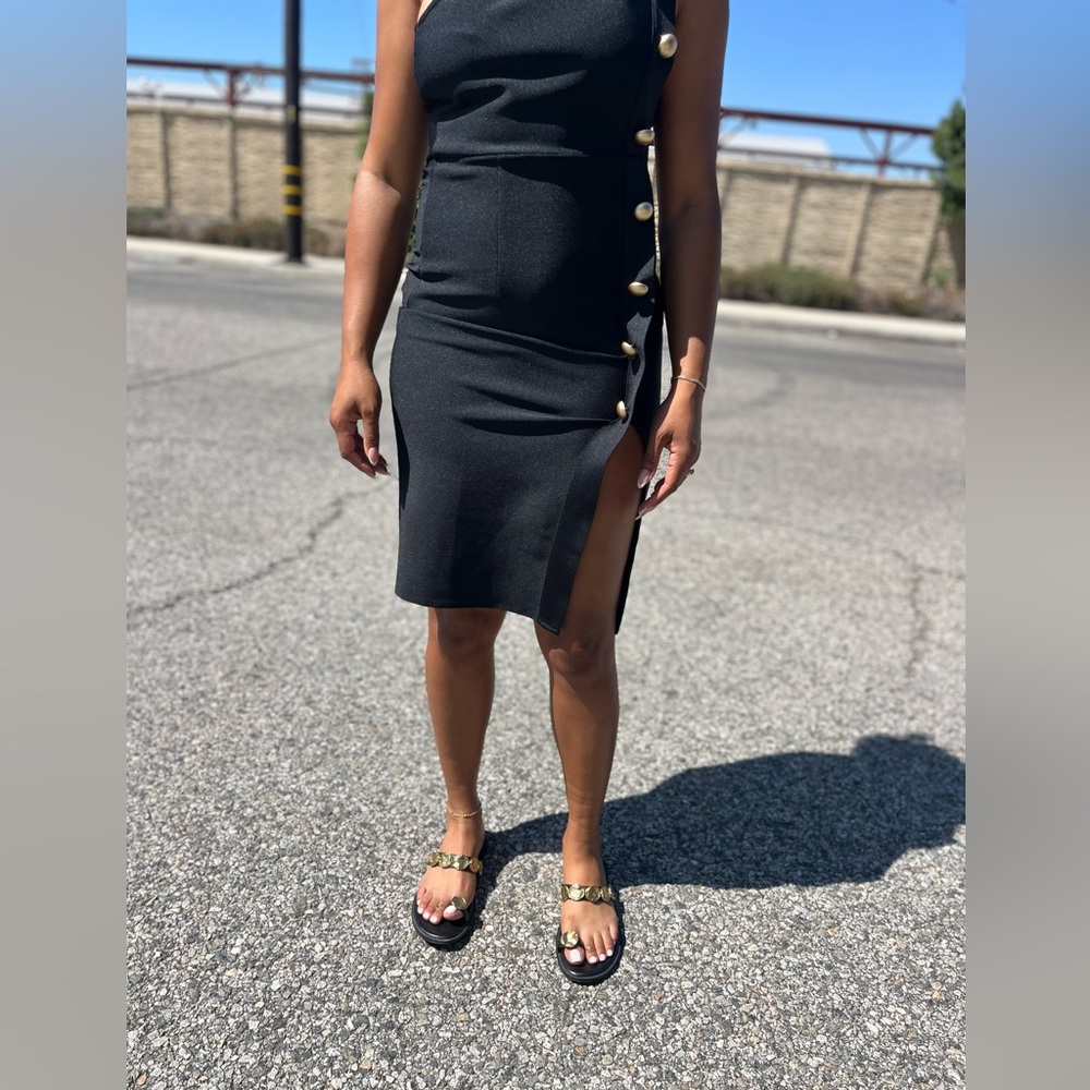 Black Dress with Gold Button Accents